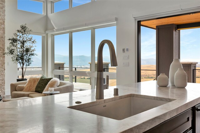 interior space with a mountain view, concrete floors, and sink