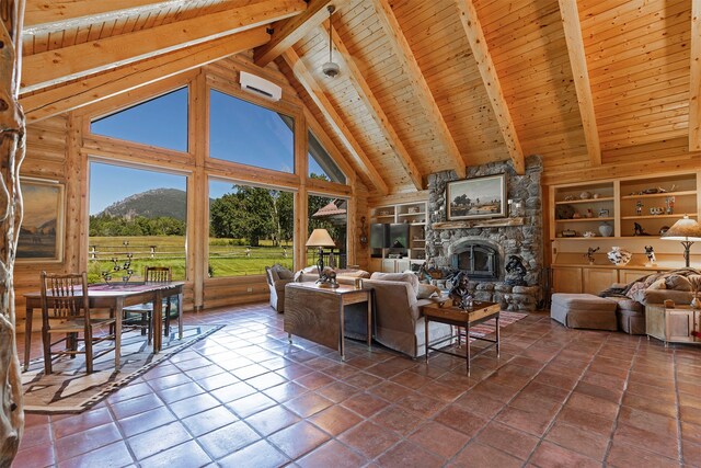 tiled living room featuring high vaulted ceiling, wood ceiling, a stone fireplace, and beamed ceiling