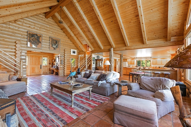 living room with high vaulted ceiling, rustic walls, wood ceiling, beamed ceiling, and tile flooring