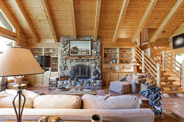 tiled living room with lofted ceiling with beams, wood ceiling, and a stone fireplace