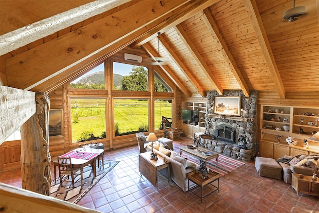 tiled living room featuring a fireplace, beamed ceiling, high vaulted ceiling, wooden ceiling, and wooden walls