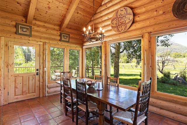 sunroom / solarium with vaulted ceiling with beams, a chandelier, and wooden ceiling