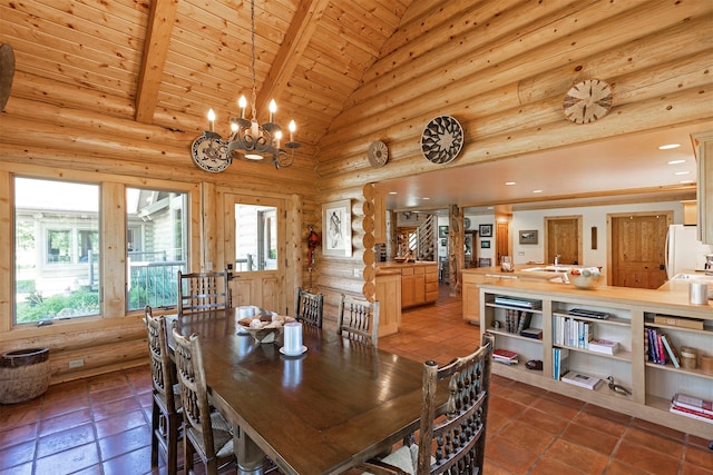 dining space with beam ceiling, a notable chandelier, log walls, and dark tile flooring