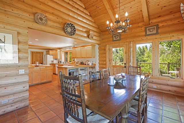 dining room featuring wooden ceiling, an inviting chandelier, light tile flooring, high vaulted ceiling, and beam ceiling