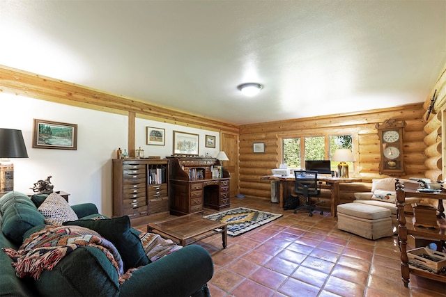 living room featuring tile floors and log walls