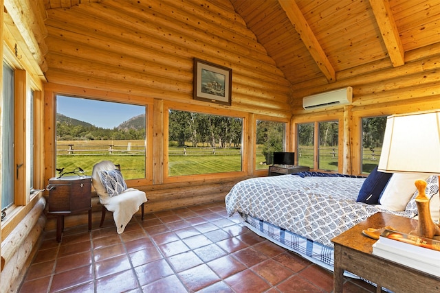 tiled bedroom with a wall unit AC, wood ceiling, rustic walls, and beamed ceiling