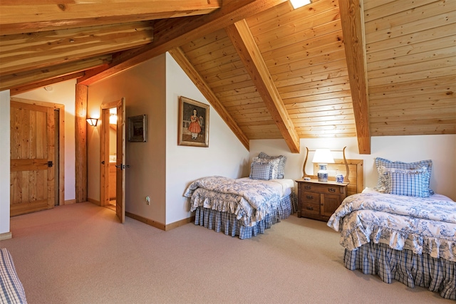 carpeted bedroom with wooden ceiling and vaulted ceiling with beams