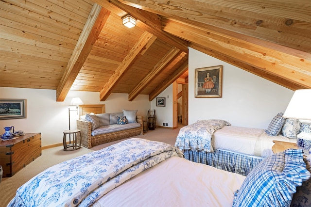 carpeted bedroom featuring wooden ceiling and lofted ceiling with beams