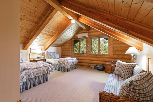 bedroom with wooden ceiling, vaulted ceiling with beams, and rustic walls