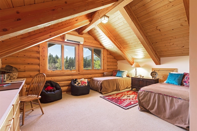 bedroom featuring a wall mounted AC, lofted ceiling with beams, wooden ceiling, rustic walls, and light carpet