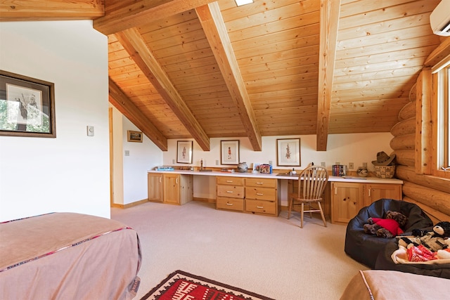 carpeted bedroom with built in desk, vaulted ceiling with beams, a wall mounted air conditioner, and wooden ceiling