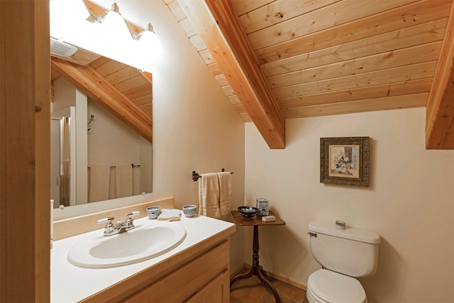 bathroom with toilet, vanity, vaulted ceiling, and wood ceiling