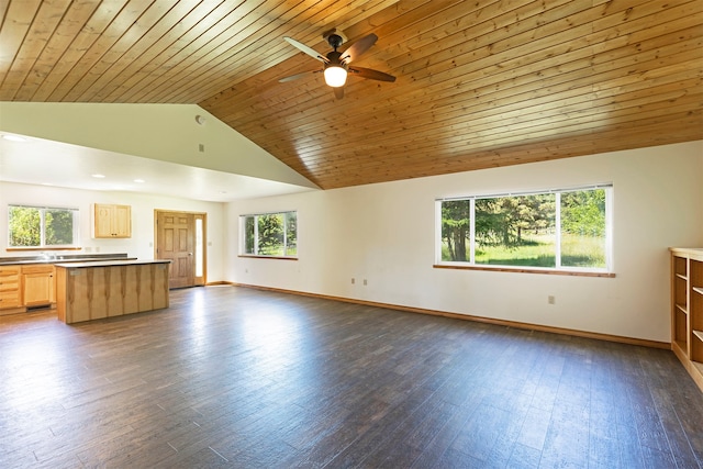 unfurnished living room with dark hardwood / wood-style flooring, ceiling fan, high vaulted ceiling, and wood ceiling