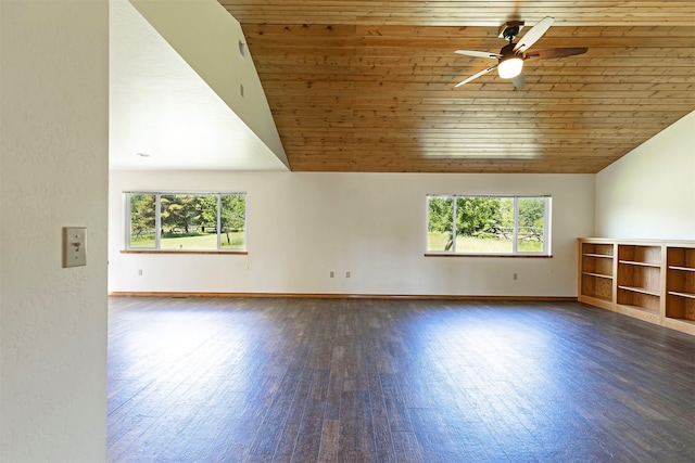 spare room featuring wooden ceiling, vaulted ceiling, ceiling fan, and a wealth of natural light