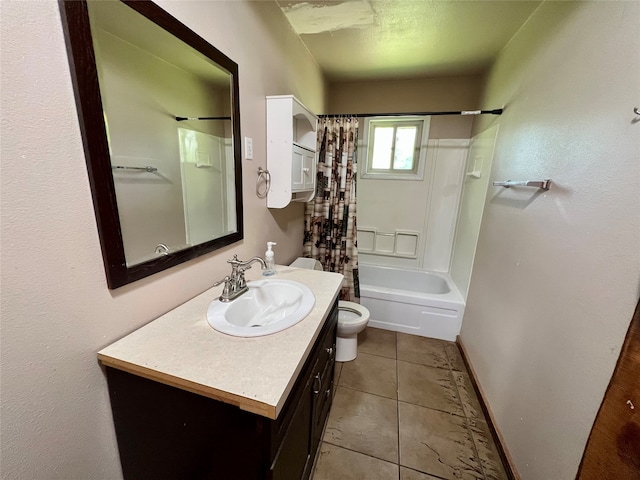 full bathroom featuring large vanity, toilet, shower / bath combo, and tile floors