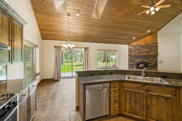 kitchen with stainless steel dishwasher, a skylight, wood ceiling, ceiling fan with notable chandelier, and sink