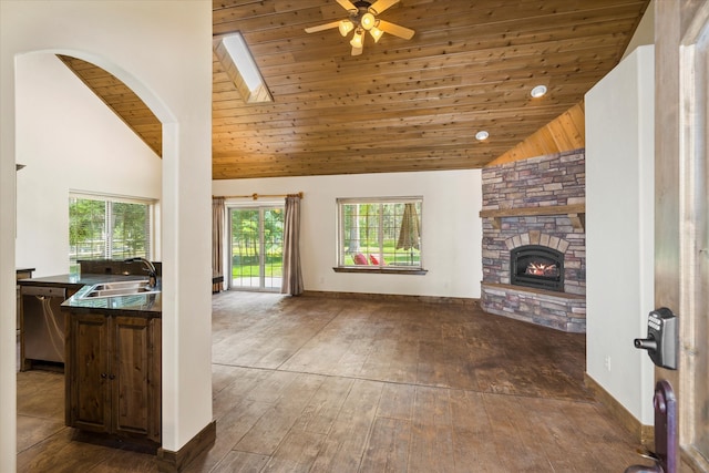 living room featuring high vaulted ceiling, ceiling fan, wood ceiling, dark hardwood / wood-style floors, and sink