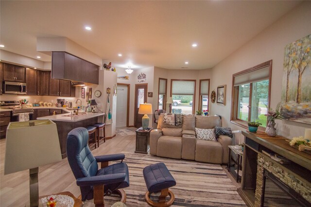 living room with sink and light wood-type flooring