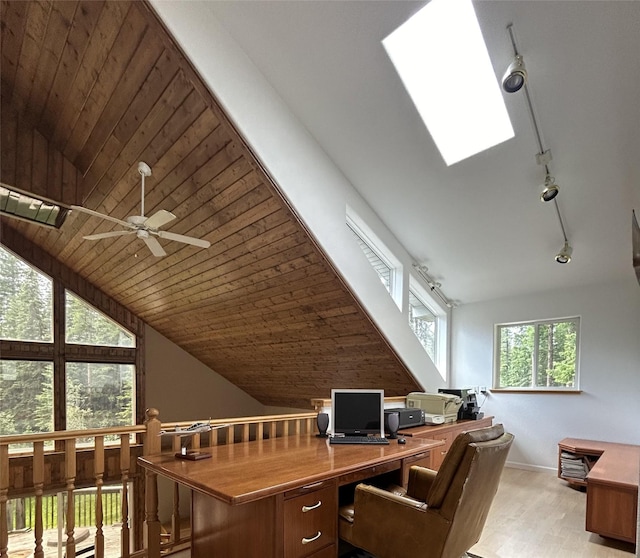 3971 Glen Lake Rd, Eureka, MT 59917 - office space featuring vaulted ceiling, wooden ceiling, wood finished floors, ceiling fan, and rail lighting