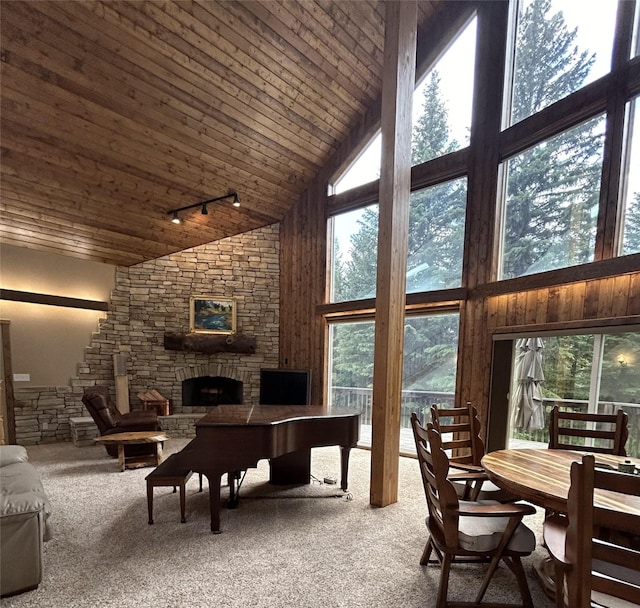 3971 Glen Lake Rd, Eureka, MT 59917 - living room featuring high vaulted ceiling, wooden ceiling, healthy amount of natural light, a fireplace, and carpet flooring