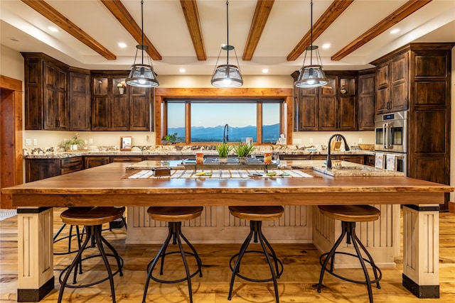 kitchen with hanging light fixtures, light hardwood / wood-style flooring, a mountain view, and a spacious island