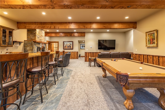 playroom featuring beamed ceiling, bar, billiards, and carpet floors