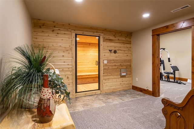 interior space featuring wooden walls and carpet floors