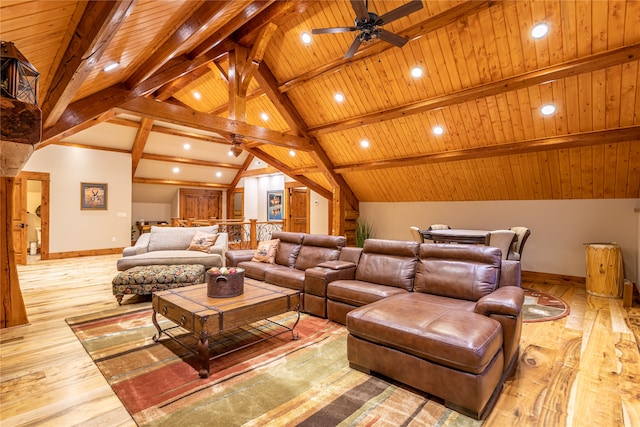 living room featuring wood ceiling, lofted ceiling with beams, hardwood / wood-style floors, and ceiling fan