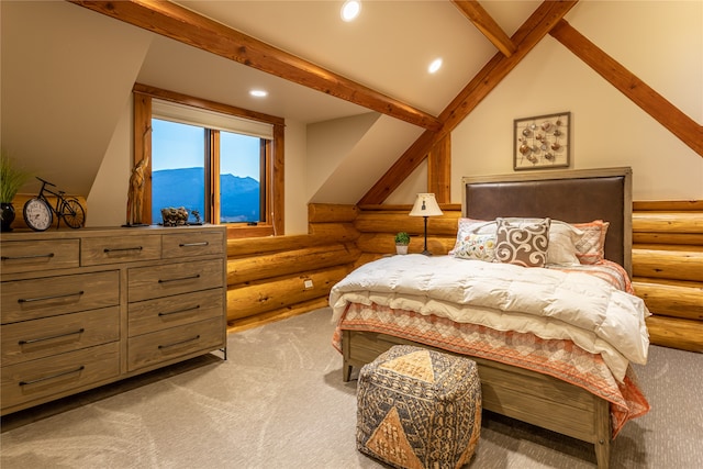 carpeted bedroom featuring a mountain view, vaulted ceiling with beams, and rustic walls