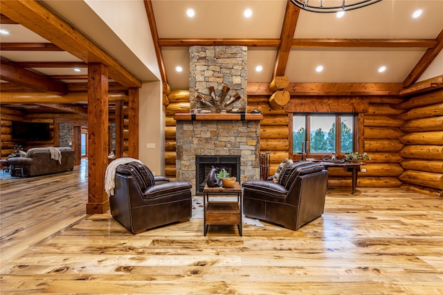 living room featuring lofted ceiling with beams, wood-type flooring, a stone fireplace, and log walls