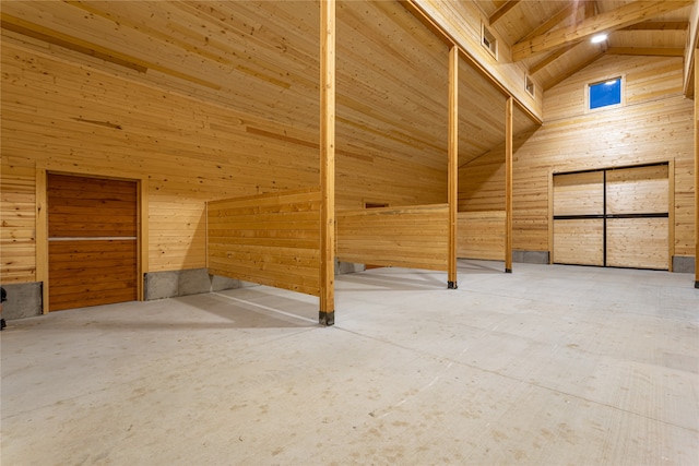 bonus room featuring wood walls, beamed ceiling, high vaulted ceiling, and wood ceiling