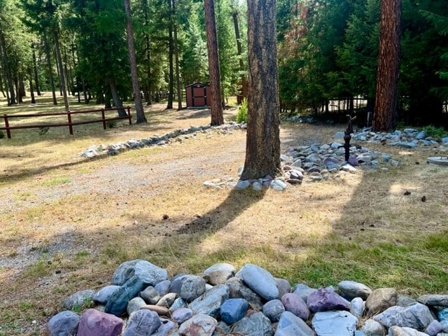 view of yard with a storage shed