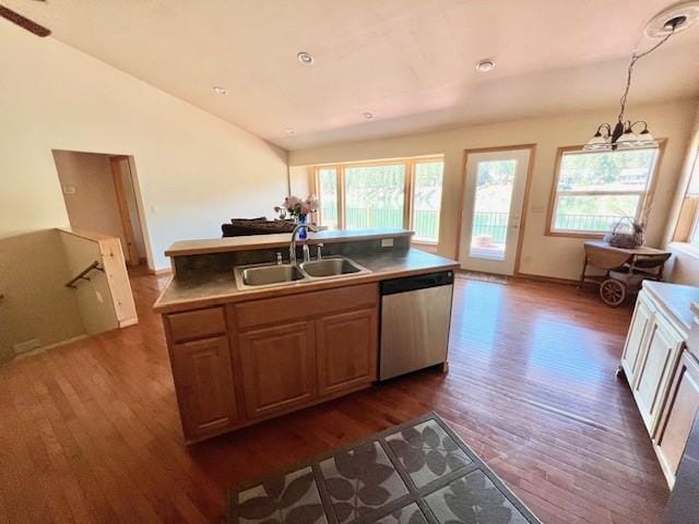 5 Osprey Dr E, Thompson Falls, MT 59873 - kitchen featuring dishwasher, healthy amount of natural light, dark wood-style floors, an island with sink, and vaulted ceiling