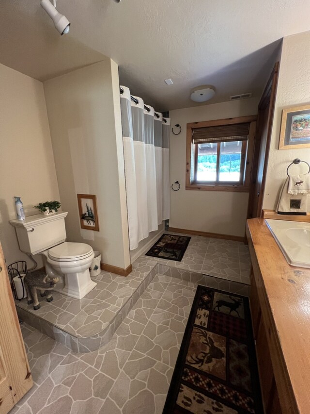 bathroom featuring a textured ceiling, vanity, toilet, and a shower with curtain