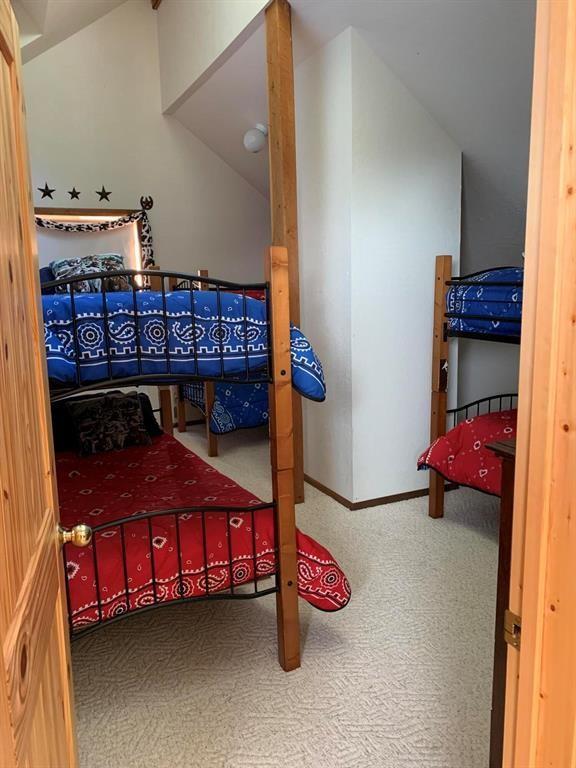 carpeted bedroom with vaulted ceiling