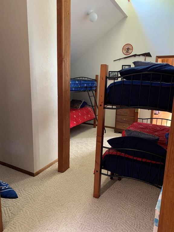 bedroom with carpet and lofted ceiling