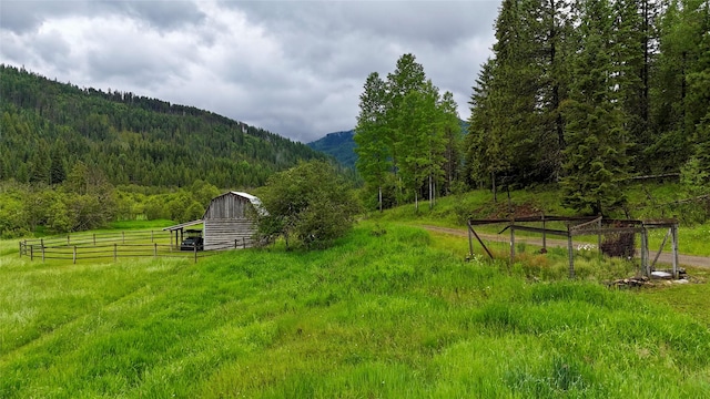 view of yard with a mountain view, a rural view, and an outdoor structure