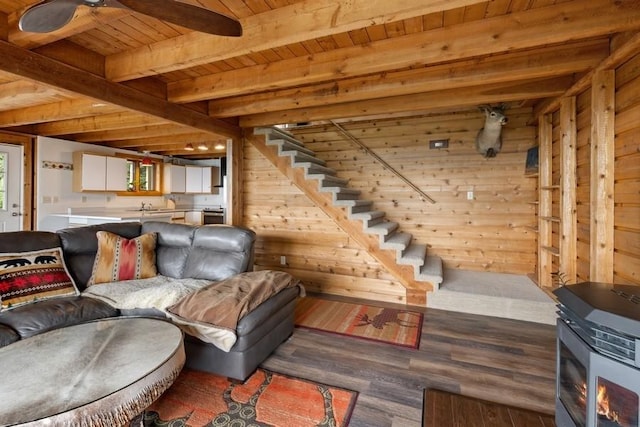 living area with wood ceiling, dark wood-style floors, stairs, and wooden walls