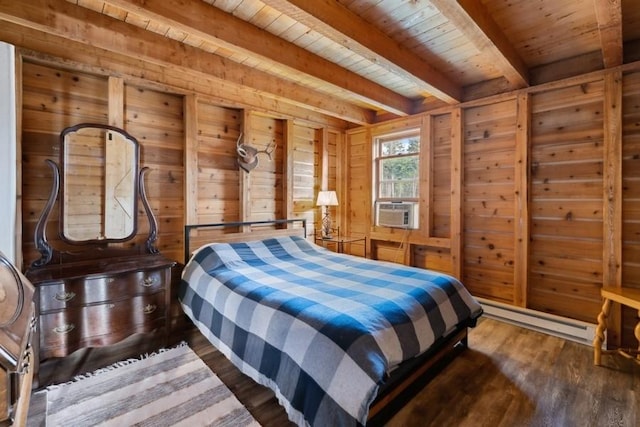 bedroom featuring wooden ceiling, cooling unit, wooden walls, beam ceiling, and dark wood-style floors