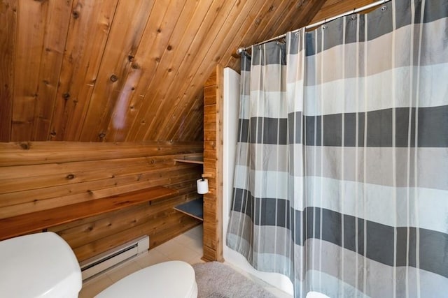 bathroom featuring a shower with shower curtain, a baseboard radiator, wood ceiling, and wooden walls