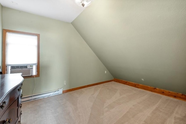 bonus room with baseboards, light colored carpet, a baseboard radiator, vaulted ceiling, and cooling unit