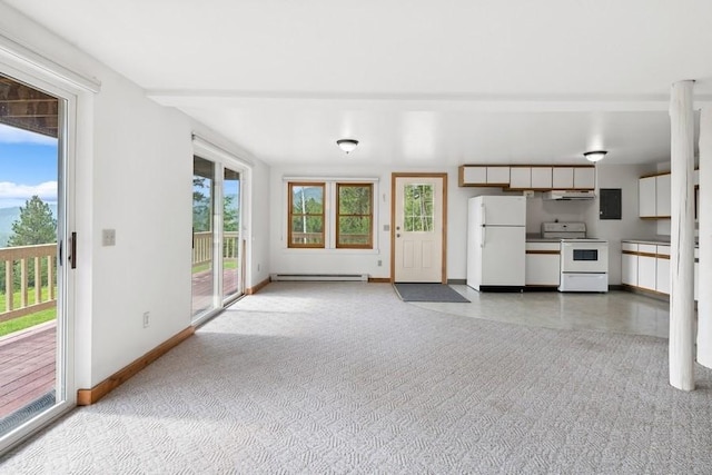 unfurnished living room featuring a baseboard radiator, light colored carpet, and baseboards