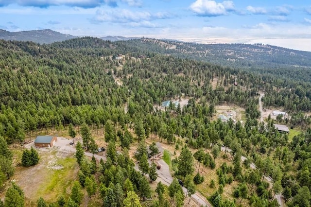 aerial view with a mountain view and a wooded view