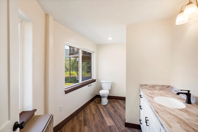 bathroom with hardwood / wood-style flooring, toilet, and vanity