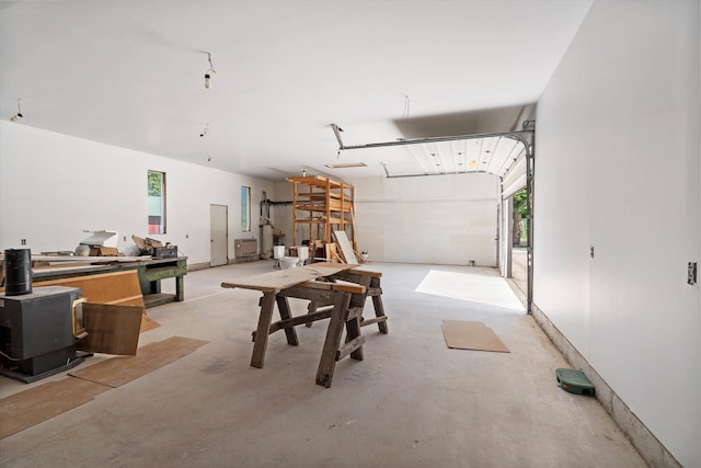 garage featuring a wood stove