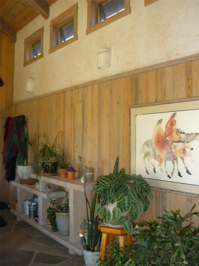 interior details featuring wood walls