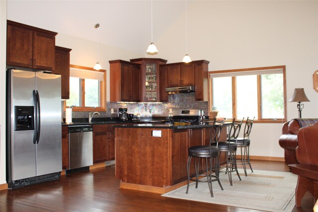 kitchen featuring sink, appliances with stainless steel finishes, a kitchen breakfast bar, and dark hardwood / wood-style flooring