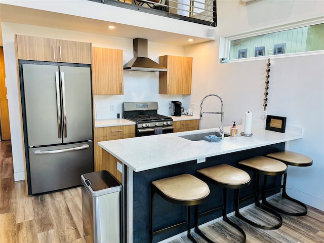 kitchen with stainless steel appliances, wall chimney range hood, backsplash, light wood-type flooring, and sink