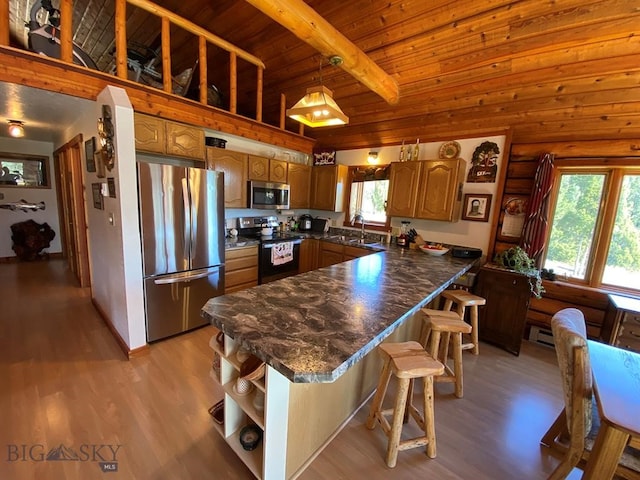 kitchen with beam ceiling, a wealth of natural light, light wood-type flooring, and stainless steel appliances