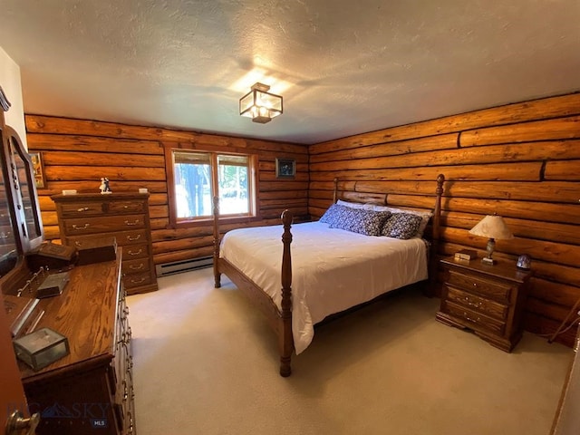 carpeted bedroom with a baseboard radiator, a textured ceiling, and rustic walls